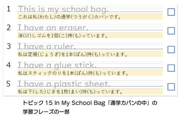 This is my school bag.
これは私の通学カバンです。など。トピック15 in My School Bag「通学カバンの中」の学習フレーズの一部